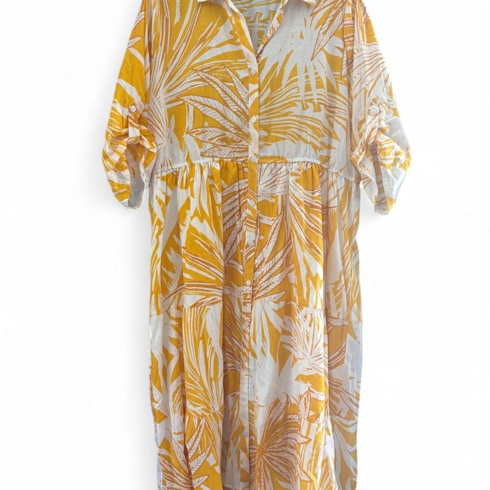 Mlle Gabrielle Yellow White Palm Leaf Tropical Button Up Dress 3X